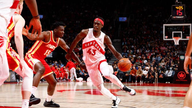 Toronto Raptors Pascal Siakam drives to the hoop against Atlanta Hawks C Clint Capela at the Scotiabank Arena in Toronto, Ontario, Canada.