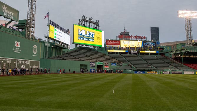 A general view of the Fenway Park video board message 