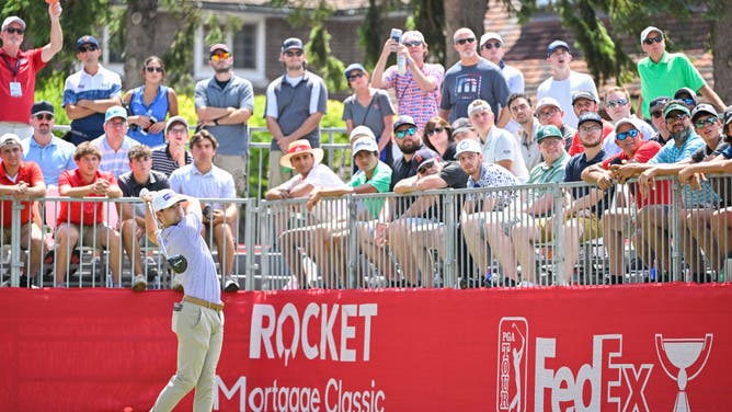 Taylor Moore tees off on the 1st hole during the final round of the 2022 Rocket Mortgage Classic at Detroit Golf Club.