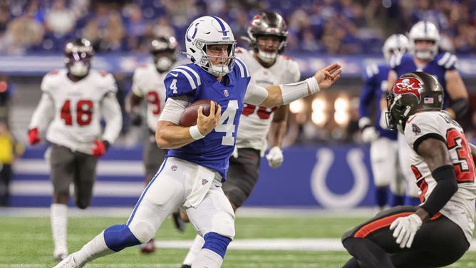 Indianapolis Colts QB Sam Ehlinger runs for a touchdown during a preseason game against the Tampa Bay Buccaneers at Lucas Oil Stadium in Indianapolis.