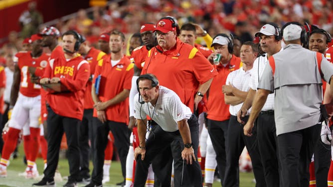 Kansas City Chiefs defensive coordinator Steve Spagnuolo and head coach Andy Reid of an NFL preseason game between the Green Bay Packers and Kansas City Chiefs at GEHA Field at Arrowhead Stadium in Kansas City, Missouri.