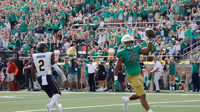 Following a blown call by the ACC officiating crew, Notre Dame's Chris Tyree scores to tie the game, 7-7