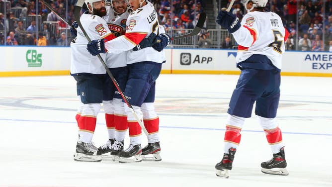 The Florida Panthers celebrate a goal against the Islanders immediately following a 