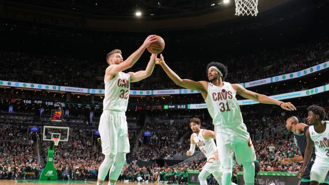 Cleveland Cavaliers C Jarrett Allen grabs a rebound against the Boston Celtics at the TD Garden in Boston, Massachusetts.