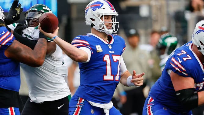 Buffalo Bills quarterback Josh Allen throws a pass against the Jets, prior to injuring his elbow.