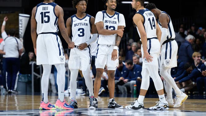 The Butler Bulldogs huddle on the court during a game with the New Orleans Privateers at Hinkle Fieldhouse in Indianapolis.
