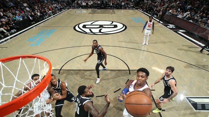 Knicks wing RJ Barrett gets to the rack vs. the Nets at Barclays Center in Brooklyn, New York.