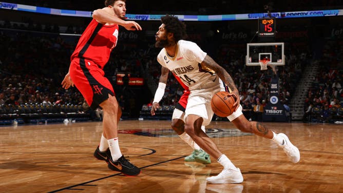 Pelicans wing Brandon Ingram drives to the basket against the Rockets at the Smoothie King Center in New Orleans.