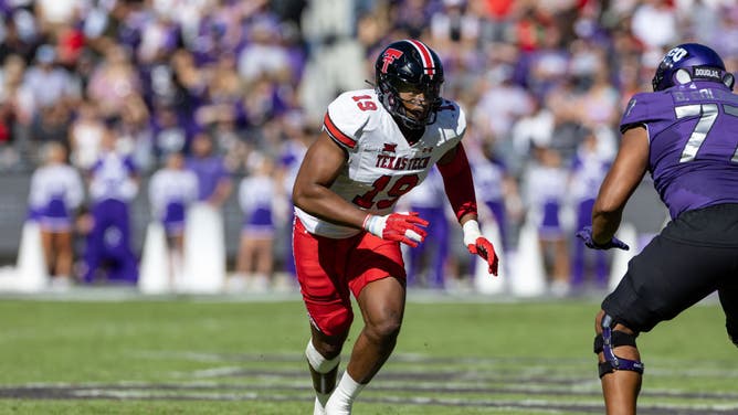 Texas Tech Red Raiders linebacker Tyree Wilson runs up field during the college football game between the Texas Tech Red Raiders and TCU Horned Frogs.