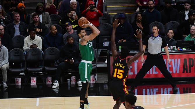 Celtics SF Jayson Tatum shoots a 3-pointer vs. the Hawks at State Farm Arena in Atlanta.