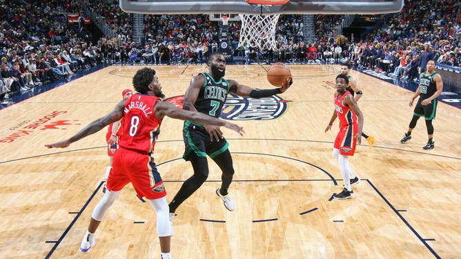 Boston Celtics wing Jaylen Brown goes to the rim against the New Orleans Pelicans at the Smoothie King Center in New Orleans.