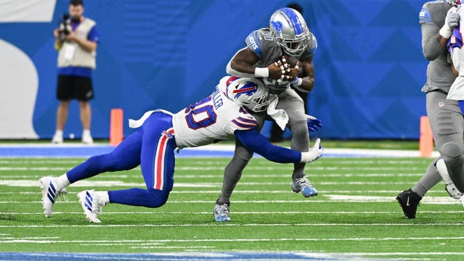 Buffalo Bills defender Von Miller makes a tackle against the Lions prior to suffering a potentially devastating injury.