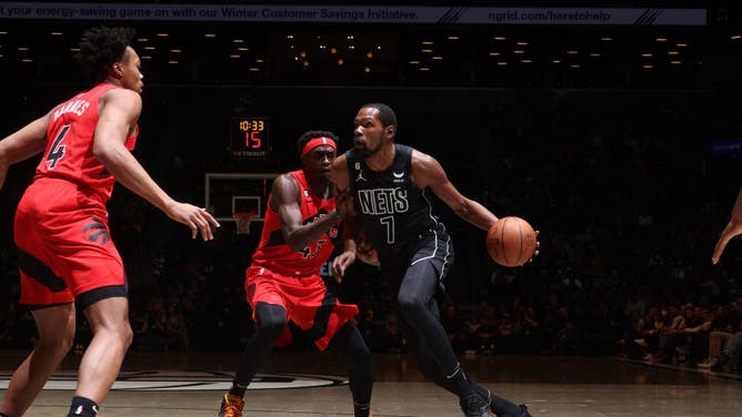 Brooklyn Nets's Kevin Durant drives to the basket during the game against the Toronto Raptors at Barclays Center in Brooklyn, New York.