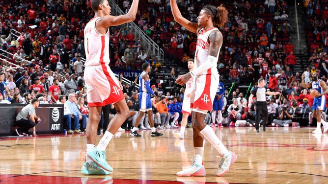 Houston Rockets PF Jabari Smith Jr. and SG Jalen Green celebrate during the game against the Philadelphia 76ers at the Toyota Center in Houston, Texas.