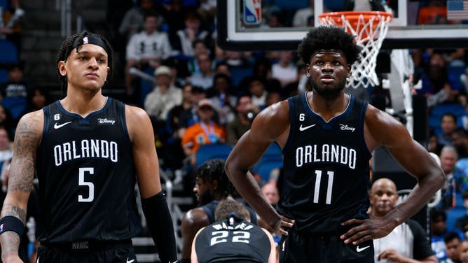Orlando Magic wing Paolo Banchero and PF Mo Bamba during the game against the Toronto Raptors at Amway Center in Orlando, Florida.