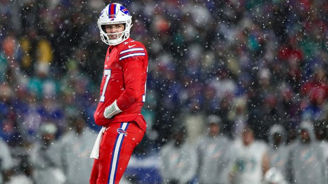 Buffalo Bills QB Josh Allen walks back to the huddle against the Miami Dolphins at Highmark Stadium in Orchard Park, New York.
