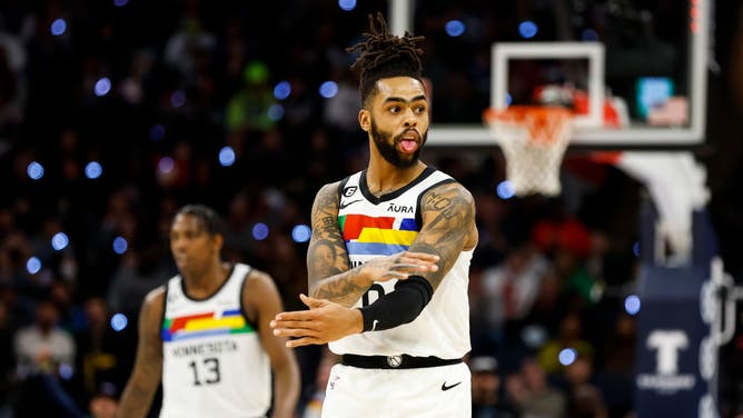 Minnesota Timberwolves PG D'Angelo Russell reacts to a 3-point basket against the Chicago Bulls at the Target Center in Minneapolis.
