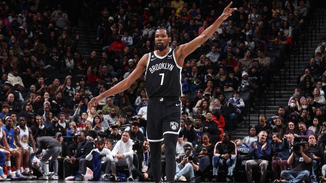 Brooklyn Nets All-Star Kevin Durant looks on during the game against the Golden State Warriors at Barclays Center in Brooklyn.