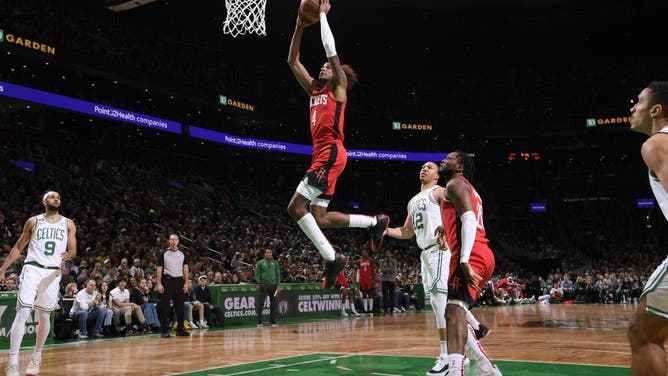 Houston Rockets SG Jalen Green drives to the basket during the game against the Boston Celtics at the TD Garden in Boston.