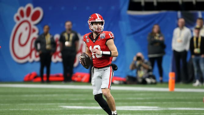 Georgia Bulldogs QB Stetson Bennett during the College Football Playoff Semifinal game at the Chick-fil-a Peach Bowl vs. the Ohio State Buckeyes at Mercedes-Benz Stadium in Atlanta.