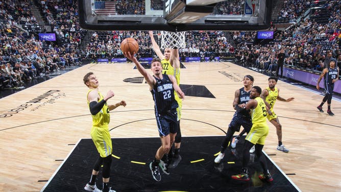Magic wing Franz Wagner drives to the basket during the game vs. the Jazz at Vivint Smart Home Arena in Salt Lake City.