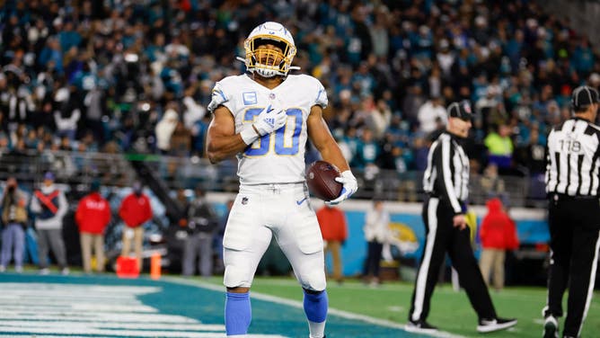 Los Angeles Chargers running back Austin Ekeler reacts after scoring a touchdown.