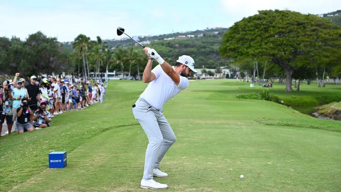 Hayden Buckley tees off on the 12th hole during the final round of the Sony Open in Hawaii at Waialae Country Club in Honolulu, Hawaii.