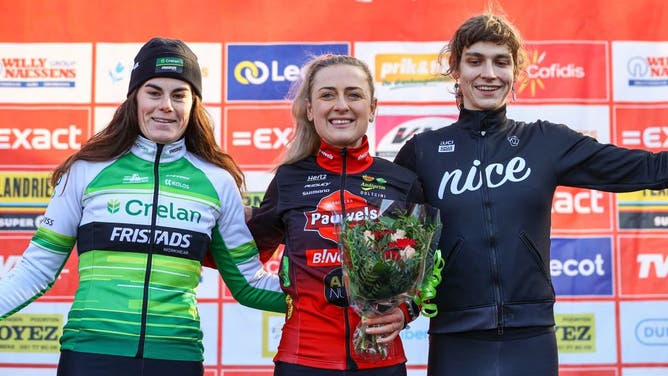 Belgian Marion Norbert Riberolle, Dutch Denise Betsema and American transgender athlete (biological male) Austin Killips pictured on the podium after the women's elite race of the 'Kasteelcross' cyclocross cycling event.