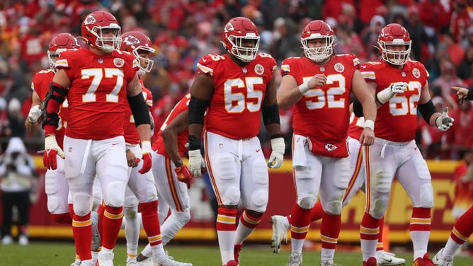 The Kansas City Chiefs offensive line in the AFC Divisional Round vs. the Jacksonville Jaguars at GEHA Field at Arrowhead Stadium in Kansas City, Missouri.