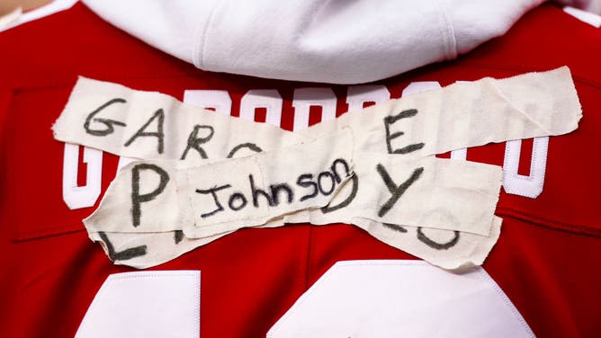 A 49ers fan wears a jersey with QB Josh Johnson's name taped over the names of injured QBs Jimmy Garoppolo, Trey Lance, and Brock Purdy during NFC Championship vs. the Eagles at Lincoln Financial Field in Philadelphia.