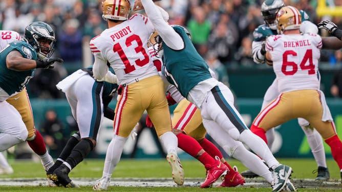 Philadelphia Eagles linebacker Haason Reddick sacks San Francisco 49ers quarterback Brock Purdy during the NFC Championship game in the NFL Playoffs.