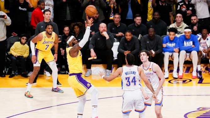 LeBron James shoots to become the all-time NBA scoring leader, passing Kareem Abdul-Jabbar at 38,388 points vs. the Thunder at Crypto.com Arena in Los Angeles.
