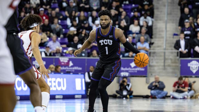 TCU Horned Frogs G Mike Miles Jr. dribbles up court vs. the Oklahoma Sooners at Ed & Rae Schollmaier Arena in Fort Worth, Texas.