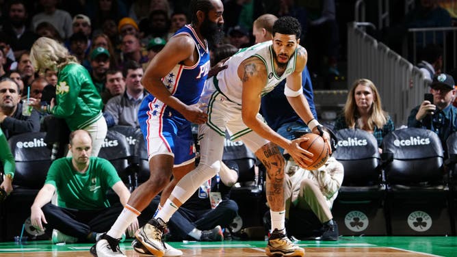 Celtics wing Jayson Tatum looks to pass the ball during the game vs. the 76ers at the TD Garden in Boston.