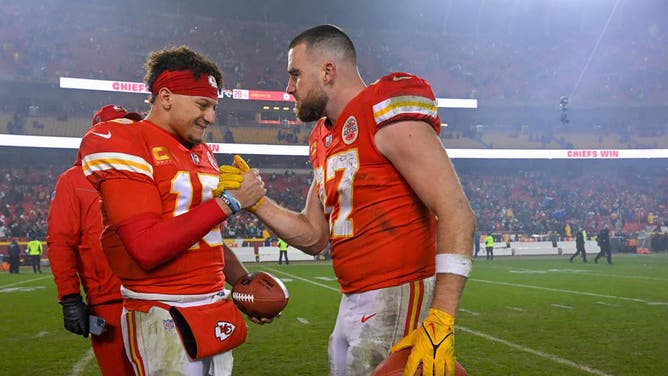 Chiefs QB Patrick Mahomes and TE Travis Kelce celebrate a win over the Jacksonville Jaguars in the NFL playoffs at GEHA Field at Arrowhead Stadium in Kansas City, Missouri. (Tammy Ljungblad/Kansas City Star/Tribune News Service via Getty Images)
