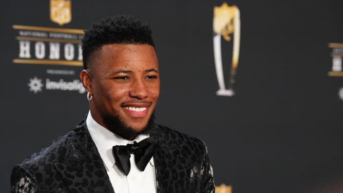 New York Giants running back Saquon Barkley poses for a photo on the red carpet during NFL Honors at the Symphony Hall on February 9, 2023 in Phoenix, Arizona.