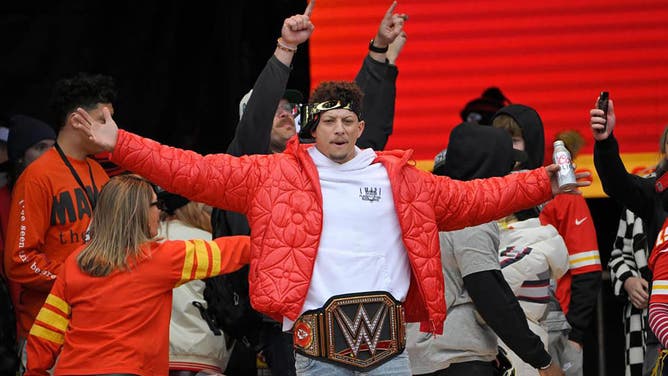 Kansas City Chiefs quarterback Patrick Mahomes fired up the crowd on stage in front of Union Station during the Kansas City Chiefs Super Bowl LVII victory parade.