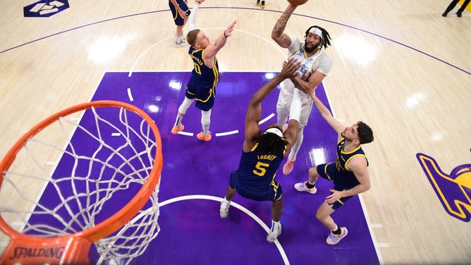 Lakers PF Anthony Davis shoots a baby-hook vs. the Golden State Warriors at Crypto.Com Arena in Los Angeles.