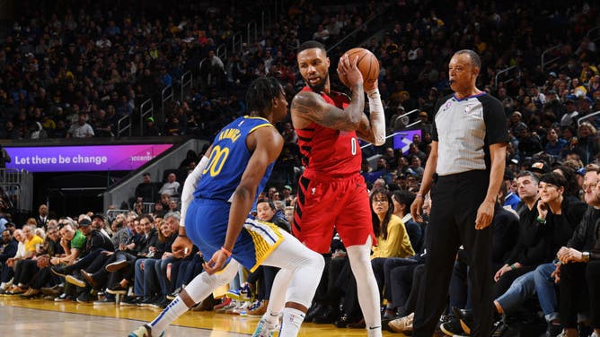 Damian Lillard looks to pass the ball during the game vs. the Golden State Warriors at Chase Center in San Francisco.