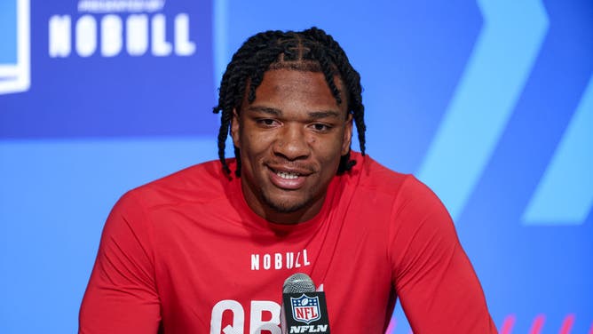 Quarterback Anthony Richardson of Florida speaks to the media during the NFL Combine.
