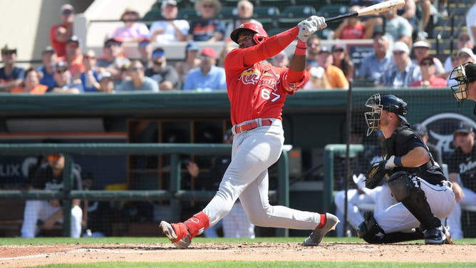 Jordan Walker of the St. Louis Cardinals bats during the Spring Training game against the Detroit Tigers at Publix Field at Joker Marchant Stadium on March 7, 2023 in Lakeland, Florida.