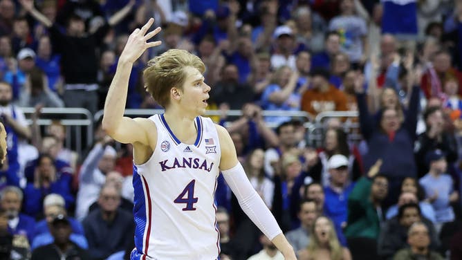 Kansas Jayhawks guard Gradey Dick celebrates making a three late in the second half of a Big 12 Tournament game. Kansas is the top-seeded team in the West Region in the NCAA Tournament bracket.