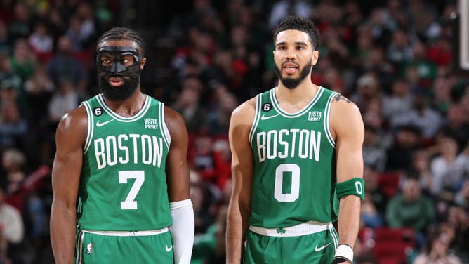 Jaylen Brown and Jayson Tatum looks on during the game vs. the Trail Blazers at the Moda Center Arena in Portland, Oregon.