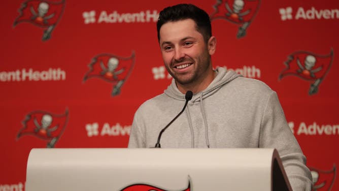 Tampa Bay Buccaneers quarterback Baker Mayfield addresses the media on March 20, 2023 at AdventHealth Training Center in Tampa, FL.