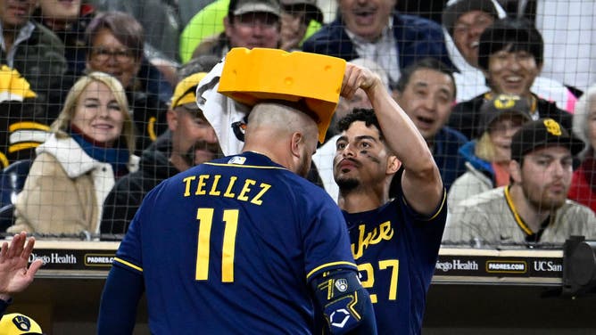 Brewers 1B Rowdy Tellez has the cheesehead put on him after a solo home run vs. the San Diego Padres at Petco Park in San Diego.