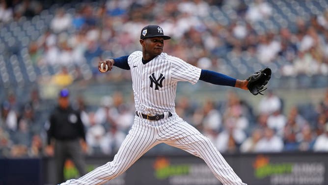Yankees starting RHP Domingo German pitches against the Minnesota Twins at Yankee Stadium in the Bronx.
