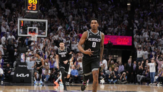 Kings SG Malik Monk celebrates making a 3-pointer vs. the Warriors during Game 1 of the Western Conference First Round Playoffs at the Golden 1 Center in Sacramento.
