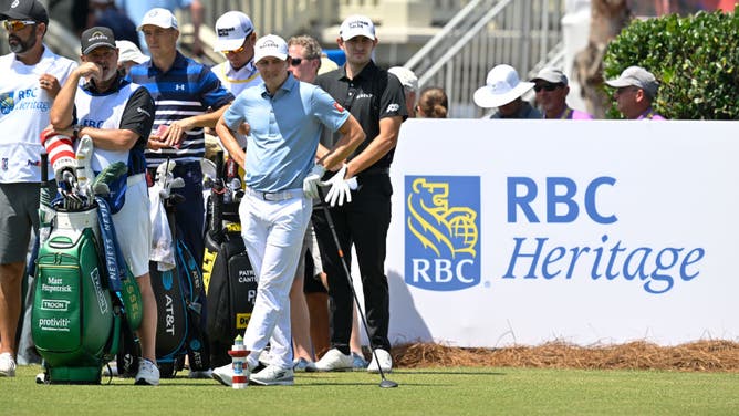 Jordan Spieth, Matthew Fitzpatrick of England, and Patrick Cantlay stand together on the first tee box during the final round of the RBC Heritage at Harbour Town Golf Links on April 16, 2023 in Hilton Head Island, South Carolina.