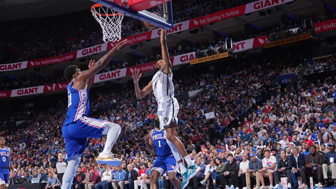 Nets wing Mikal Bridges attacks the basket vs. the 76ers during Game 2 of the 2023 NBA Playoffs at the Wells Fargo Center in Philadelphia.