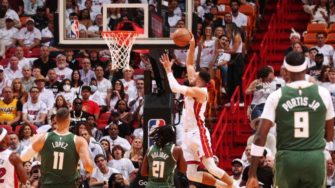 Heat SG Max Strus dunks it on the Bucks during Game 3 of the 2023 NBA Playoffs at Kaseya Center in Miami.